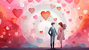 Valentine Day banner background with colorful hearts and a couple, generated by AI