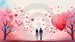 Valentine Day banner background with colorful hearts and a couple, generated by AI