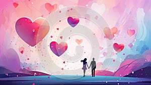 Valentine Day banner background with colorful hearts and a couple, generated by AI