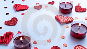 Valentine day beautiful. Romantic gift box, red love hearts, candle on white background. February romance present card