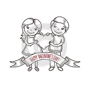 Valentine day card with cartoon style boy and girl