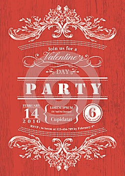 Valentine day card party invitation with vintage frame on red board background