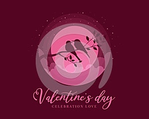 Valentine Day celebration love banner with Couple bird on Tree branch in pink full moon night vector design