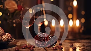 valentine day celebration with wine, roses, chocolate, and bokeh background. Generative AI