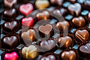 Valentine Day chocolate candy set heart shaped gift. Romantic love greeting present milk choco dessert macro photo