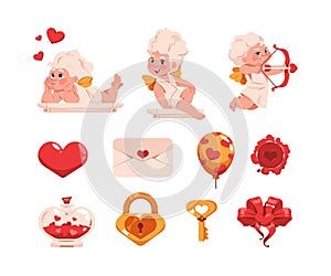 Valentine Day collection. Cartoon little Cupid angels with wings bow and arrows. Heart balloons. Love letter and amour photo