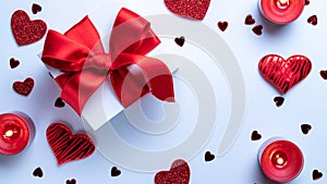 Valentine day composition: red love hearts romantic gift box candle on white background. February romance present card. Top View