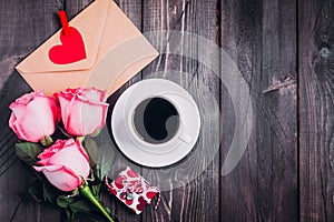 Valentine Day Concept. Coffee and Roses. Card