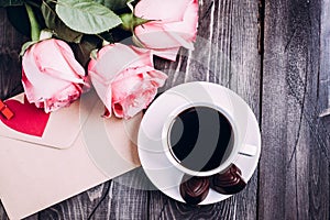 Valentine Day Concept. Coffee and Roses