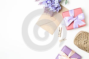 Valentine day concept. Envelope and gift on white background