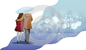 Valentine day concept, loving couple walking under umbrella in the autumn season background, Vector illustration graphic.