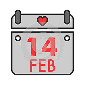Valentine day concept. Simple black calendar vector icon with 14 february date on white.