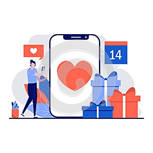 Valentine day concept with tiny character. People using cellphone to send or receive love message in 14 february flat vector