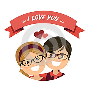 Valentine day. Couple in love. Boy and girl with glasses and ribbon I love you