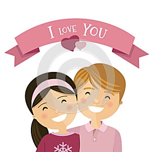 Valentine day. Couple in love. Boy and girl with ribbon I love you