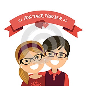 Valentine day. Couple in love. Boy and girl with ribbon together forever