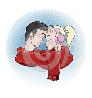 Valentine day. Couple in love united by scarf. Winter romance