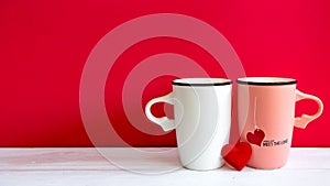 Valentine Day with couple two cup coffee with red heart for lover and romantic,