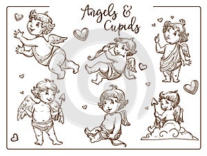 Valentine day cupids and angels with wings and arrows isolated sketches