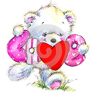 Valentine day. Cute White bear and red heart.