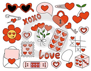Valentine Day elements. Envelope, Cherry, Patch, Sunglasses, Hairpin, Flowers, Post Stamp Lock and key, Dice, Tic-tac-toe game