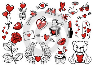 Valentine day elements set. Ink handmade style. Black-white-red hearts, flowers, jewelry, feminine accessories. Design