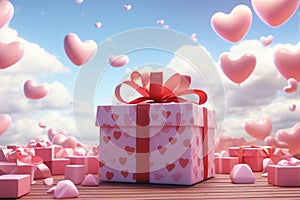 Valentine Day gift box among heart balloons. Generative AI