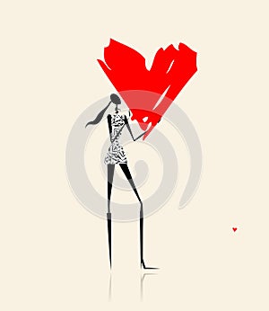 Valentine day. Girl with big red heart