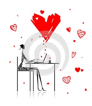 Valentine day. Girl with laptop in cafe