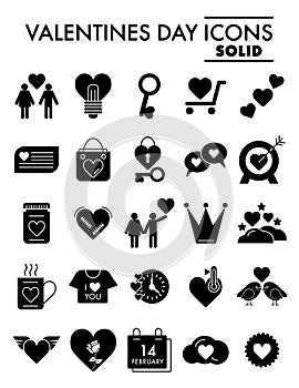 Valentine day glyph icon set, romance symbols collection, vector sketches, logo illustrations, love signs solid