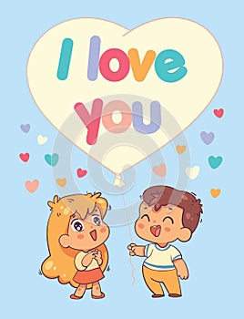 Valentine Day greeting card. Boy gives girl a big balloon in the shape of a heart