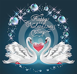 Valentine day greeting card with heart avd two white swans swim at night on lake