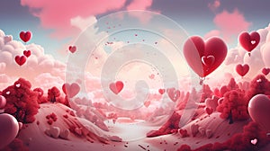 Valentine Day greeting card with surreal romantic landscape full of hearts. Generated AI.