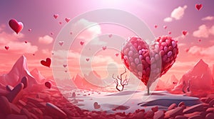 Valentine Day greeting card with surreal romantic landscape full of hearts. Generated AI.