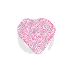 Valentine day hand drawn scribbled pink heart on white background, doodle art design icon, vector illustration