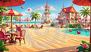 Valentine Day on Health resort, cartoon style under warm sunshine show serene empty beach with heart adornments.