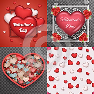 Valentine Day Heart Realistic 3d Symbol Transparent Doodle Background Greating Card Template Mock up Design Set Vector