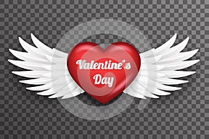 Valentine day heart white bird angel fly wings 3d realistic design transparent background vector illustration