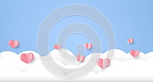 valentine day, hearts and clouds in the sky , paper art style