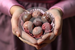 hands holding different chocolates in a box . AI Generated