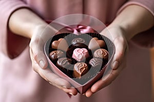 hands holding different chocolates in a box . AI Generated