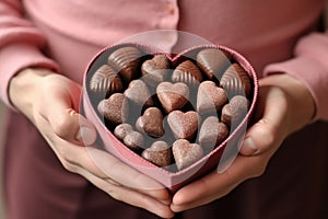 hands holding different chocolates in a box . AI Generated