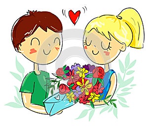 Valentine day love beautiful. Heart. Cute design card for Happy Valentine`s Day. Girl and boy couple. Vector