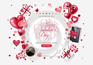 Valentine day love cup coffee isolated lettering web brochure flyer for advertising sale party design element white