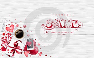 Valentine day love cup of coffee lettering web brochure flyer for advertising sale party design element wooden