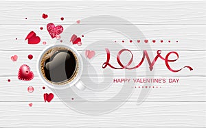 Valentine day love cup of coffee lettering web brochure flyer for advertising sale party design element wooden