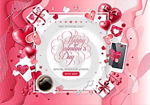 Valentine day love cup coffee lettering web brochure flyer for advertising sale party design element wooden background