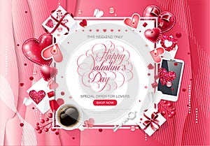 Valentine day love cup coffee lettering web brochure flyer for advertising sale party design element wooden background