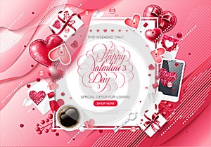 Valentine day love cup coffee lettering web brochure flyer for advertising sale party design element wooden background