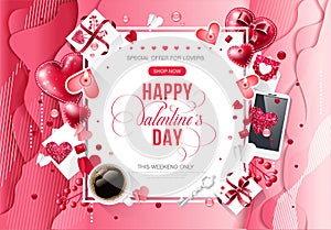 Valentine day love cup coffee lettering web brochure flyer for advertising sale party design element wooden background